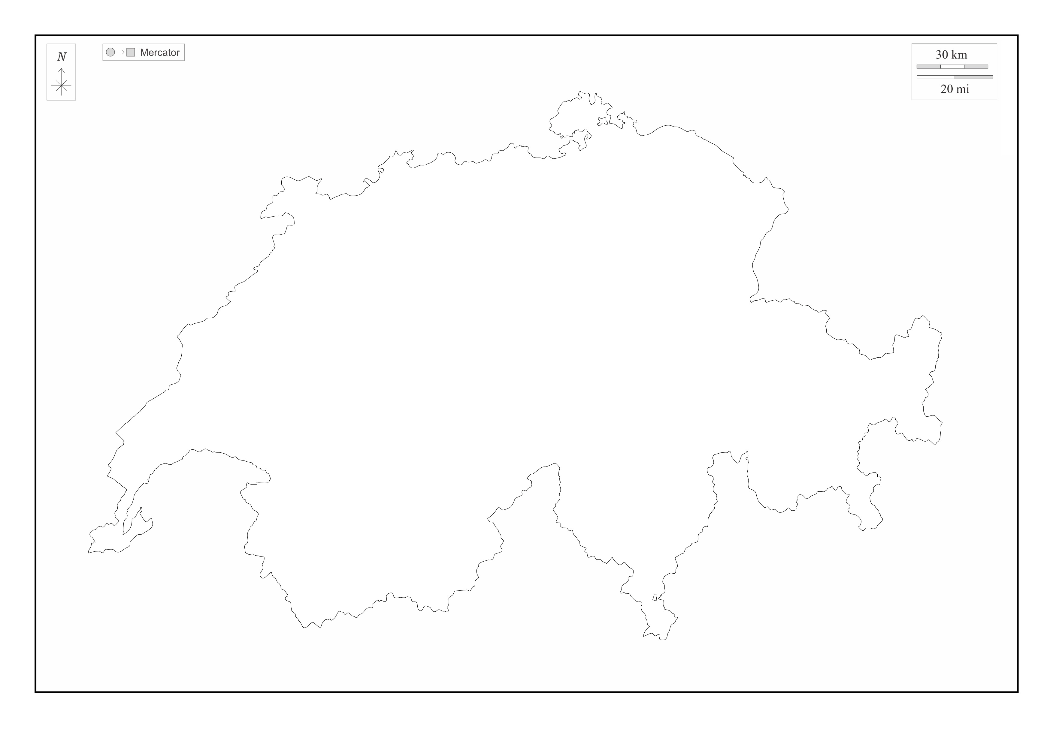 Blank black and white map of Switzerland printable PNG with transparent background